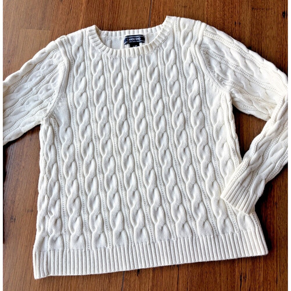 Land's End White Cotton Pullover Sweater Sz L Petite (may run small) Cable-knit